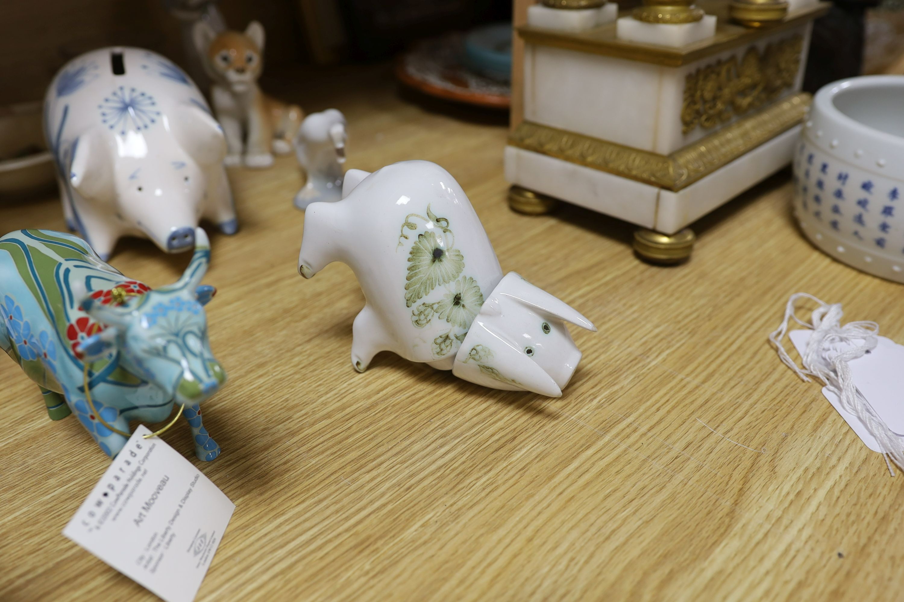 A Rye pottery pig money box and sundry china including Lladro and Bunnykins